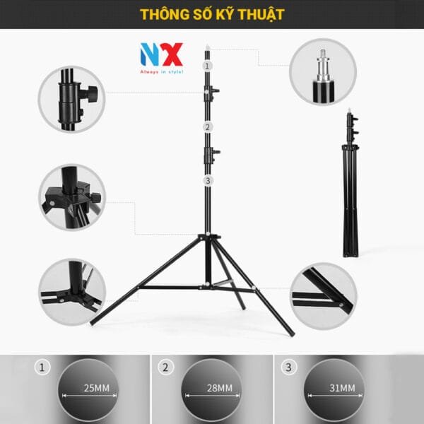 Chân đèn cao 2.8m hợp kim nhôm - gắn đèn livestream, softbox chụp hình, đèn flash, máy ảnh