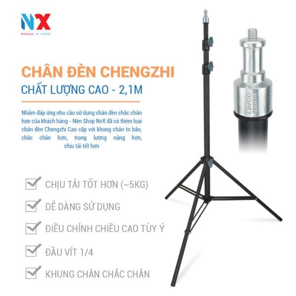 Chân đèn cao 2.1m hợp kim nhôm - gắn đèn livestream, softbox chụp hình, đèn flash, máy ảnh