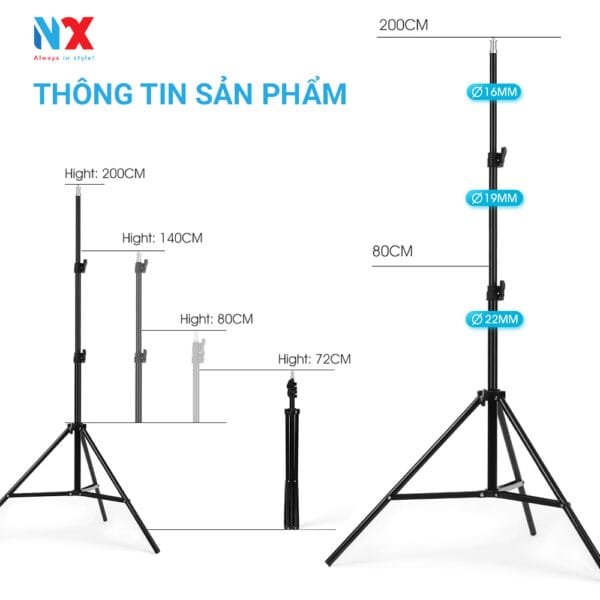 Chân đèn cao 2.1m hợp kim nhôm - gắn đèn livestream, softbox chụp hình, đèn flash, máy ảnh