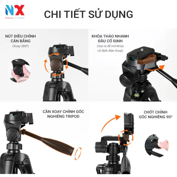 Tripod máy ảnh, điện thoại 3570 chất liệu hợp kim chắc chắn, cao 1m7