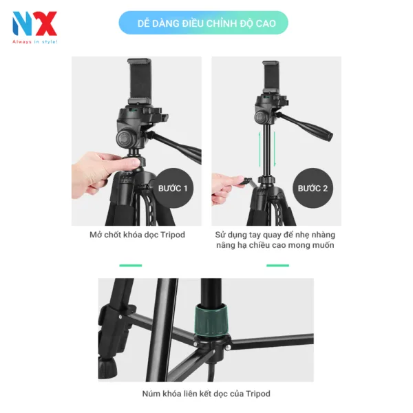 Tripod máy ảnh, điện thoại 3570 chất liệu hợp kim chắc chắn, cao 1m7