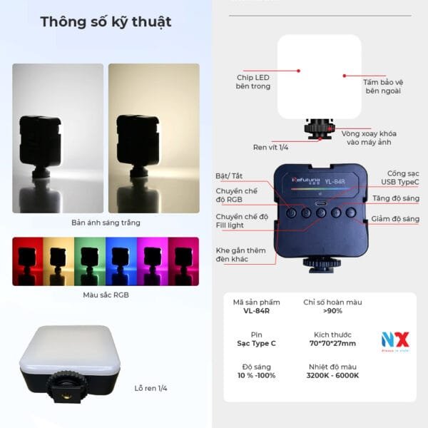 Đèn LED mini cầm tay, đèn gắn máy ảnh VL-84R RGB, đèn nhiều màu sắc, nhiều chế độ sáng