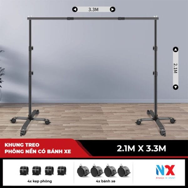 Khung chữ U treo phông nền chụp ảnh, bánh xe di động nhiều kích thước, điều chỉnh được chiều cao và chiều ngang