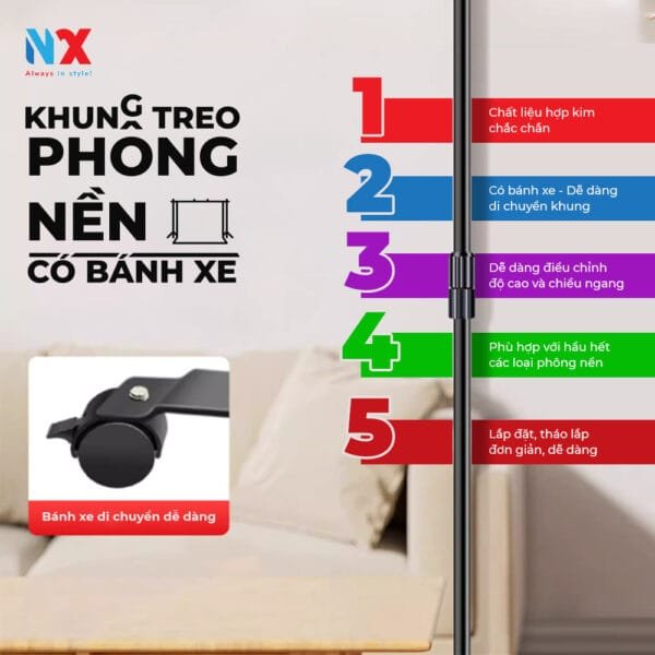 Khung chữ U treo phông nền chụp ảnh, bánh xe di động nhiều kích thước, điều chỉnh được chiều cao và chiều ngang