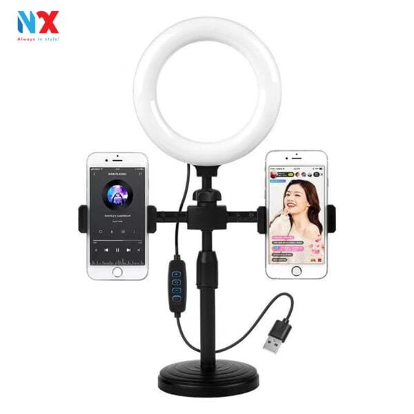 Giá đỡ điện thoại đôi, kèm đèn livestrem tròn 16cm 3 chế độ màu
