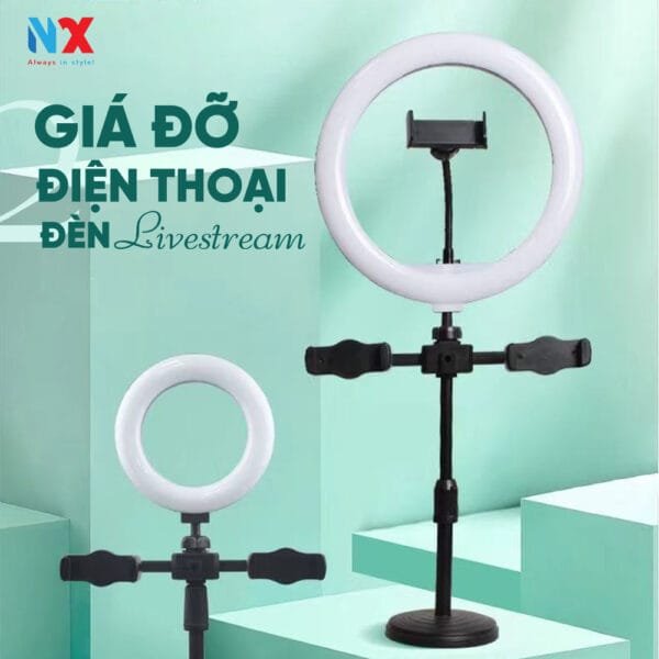 Giá đỡ điện thoại đôi, kèm đèn livestrem tròn 16cm 3 chế độ màu