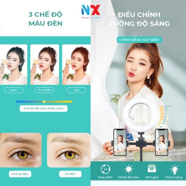 Giá đỡ điện thoại đôi, kèm đèn livestrem tròn 16cm 3 chế độ màu