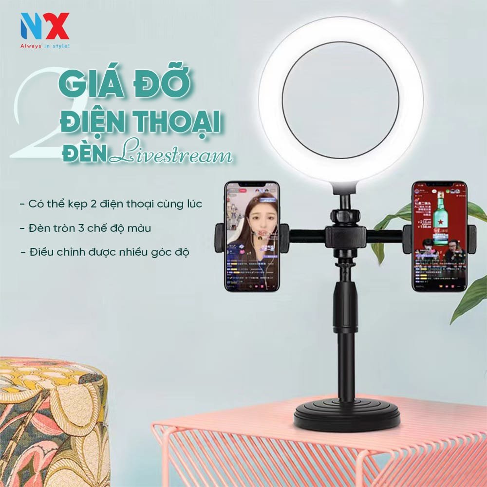 Giá đỡ điện thoại đôi, kèm đèn livestrem tròn 16cm 3 chế độ màu