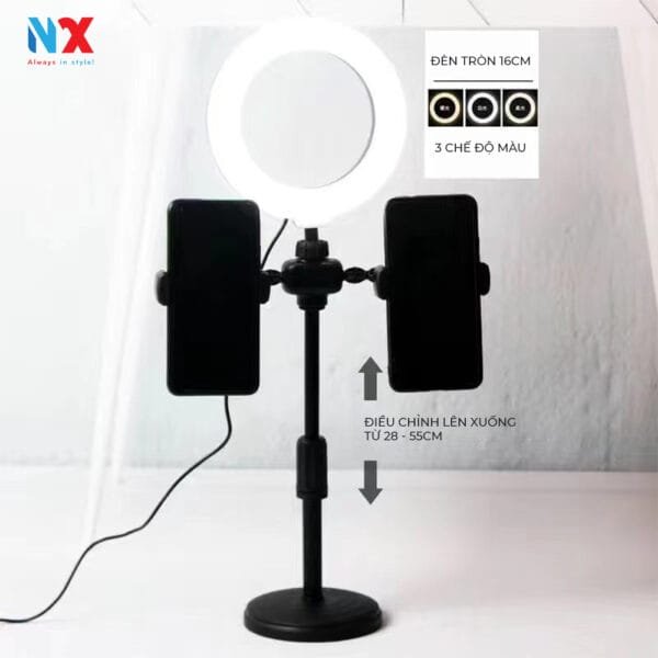 Giá đỡ điện thoại đôi, kèm đèn livestrem tròn 16cm 3 chế độ màu