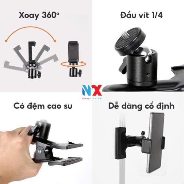 Kẹp kim loại đầu bi xoay 360 độ, kẹp được phông nền, đèn live, điện thoại, khung treo