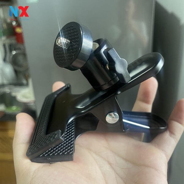 Kẹp kim loại đầu bi xoay 360 độ, kẹp được phông nền, đèn live, điện thoại, khung treo