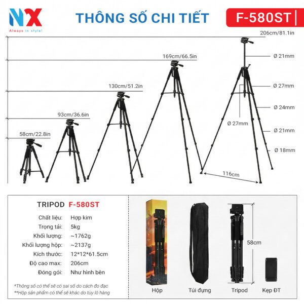 Tripod F-580ST Cao 2m dùng cho máy ảnh chuyên nghiệp