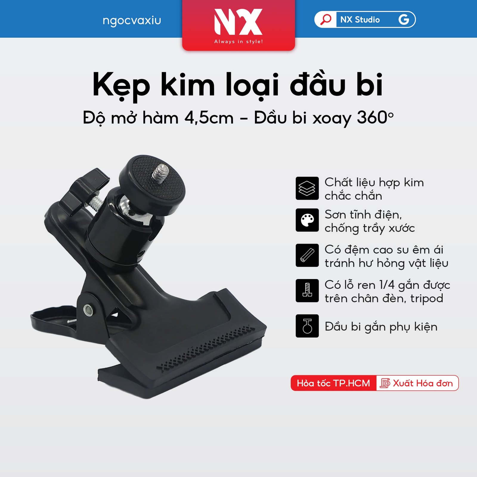 Kẹp kim loại đầu bi xoay 360 độ, kẹp được phông nền, đèn live, điện thoại, khung treo
