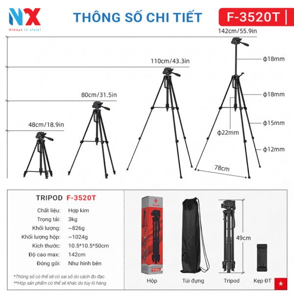 Thong So F3520T Tripod F-3520T Cao 1m42 dùng cho máy ảnh, điện thoại